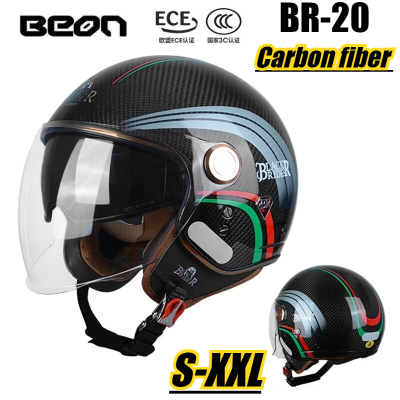 Vintage Open Face Retro Helmet - BEON BR-20 Koolstofvezel 3/4 Retro Half