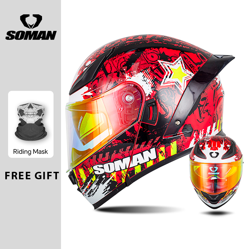Dual Visor Motorcycle Racing Helmet - SOMAN modulaire helm Flip integraalmotorhelmen Dual